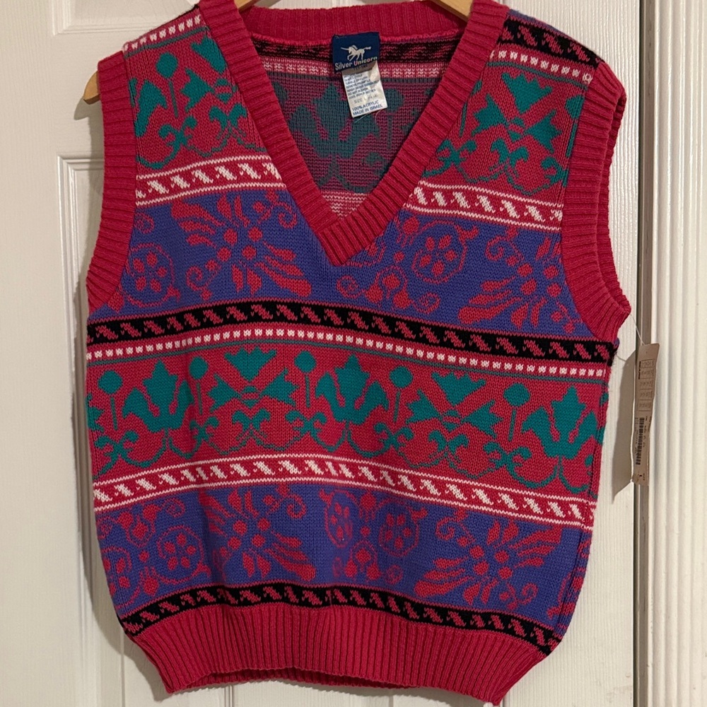 Vintage V-Neck Sweater Vest in pink, purple and green